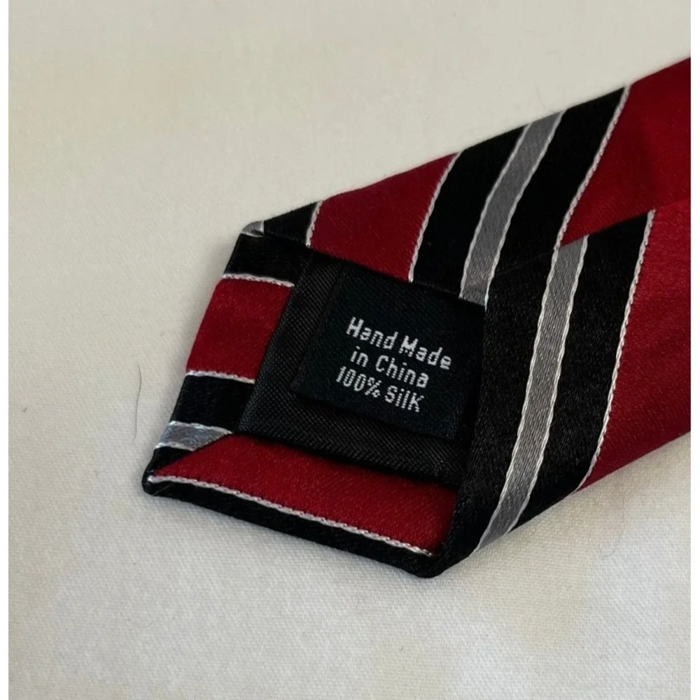 Stafford Mens Necktie Red Black‎ Silver Striped 100% Silk Tie
